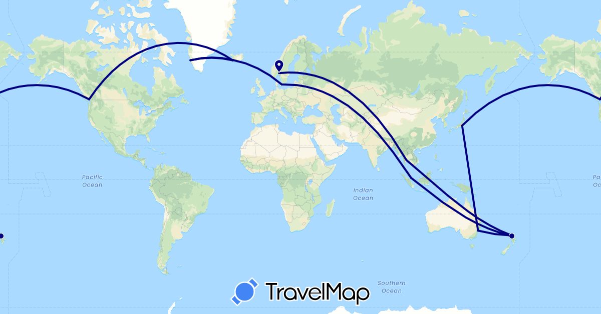 TravelMap itinerary: driving in Australia, Canada, Denmark, Greenland, Iceland, Japan, Norway, New Zealand, Singapore, Thailand (Asia, Europe, North America, Oceania)