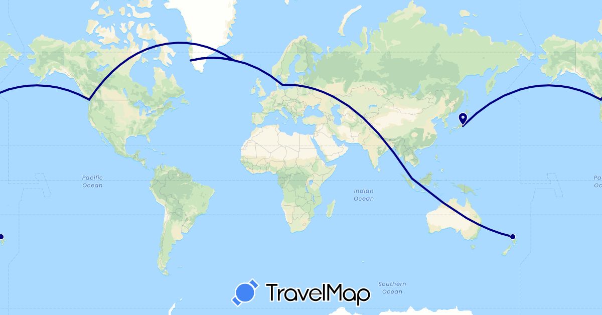 TravelMap itinerary: driving in Canada, Denmark, Greenland, Iceland, Japan, New Zealand, Singapore (Asia, Europe, North America, Oceania)