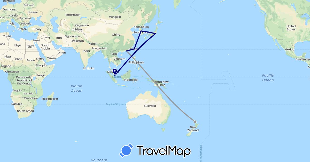 TravelMap itinerary: driving, plane in China, Japan, South Korea, New Zealand, Singapore, Taiwan (Asia, Oceania)